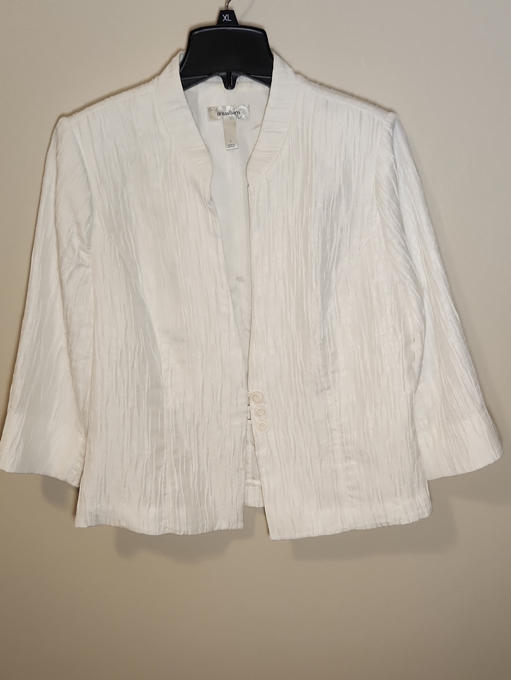 Dressbarn White Textured Open-Front Blazer 3/4 Skeeve Sz L
